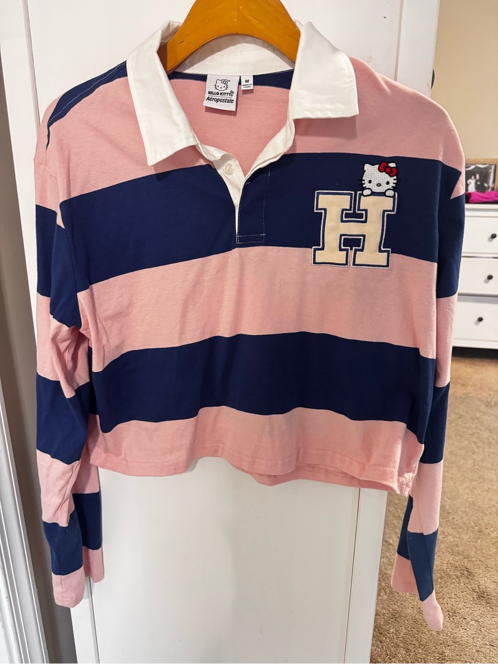 Aeropostale Hello Kitty Pink & Navy Striped Rugby Top